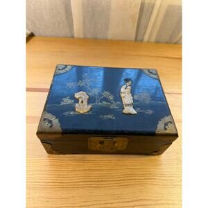 Vintage Asian Black Lacquer Jewelry Box Brass Mother of Pearl Inlay